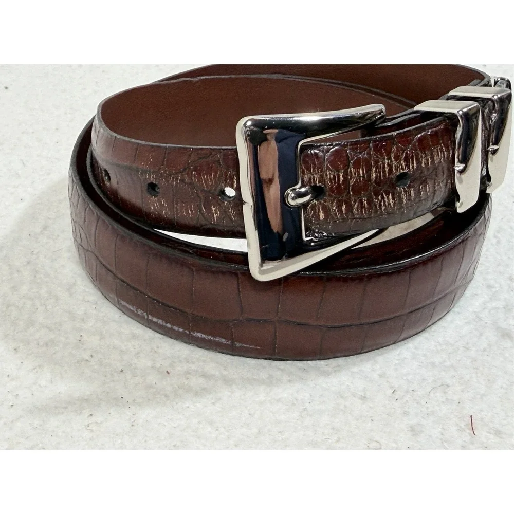 Torino Calfskin Croc Embossed Belt Brown Leather Dress Italian Quiet Luxury 46